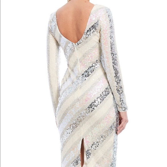 emery sequin stripe long sleeve cocktail dress dress the population Dress The Population Emery Sequin Asymmetric Stripe Long-Sleeve Dress, White, Women's, L